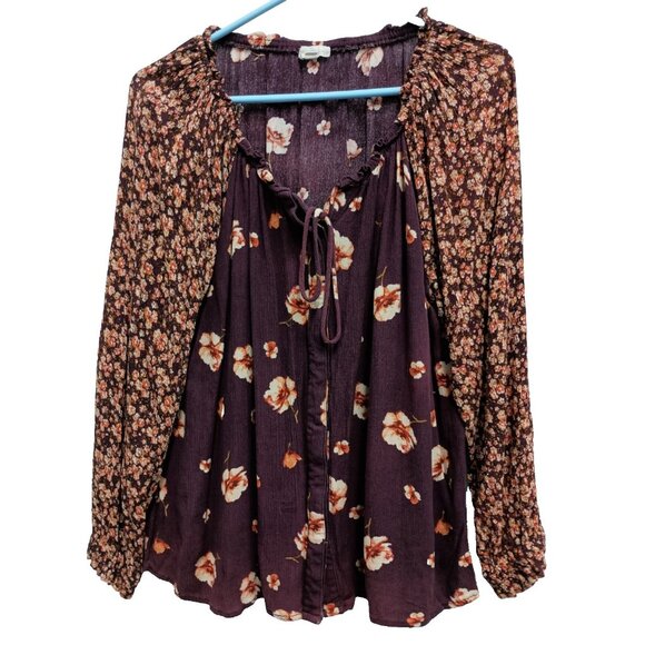 Oddy Womens BOHO Peasant Blouse Top Small Burgundy Floral Bishop Sleeve - Picture 1 of 7